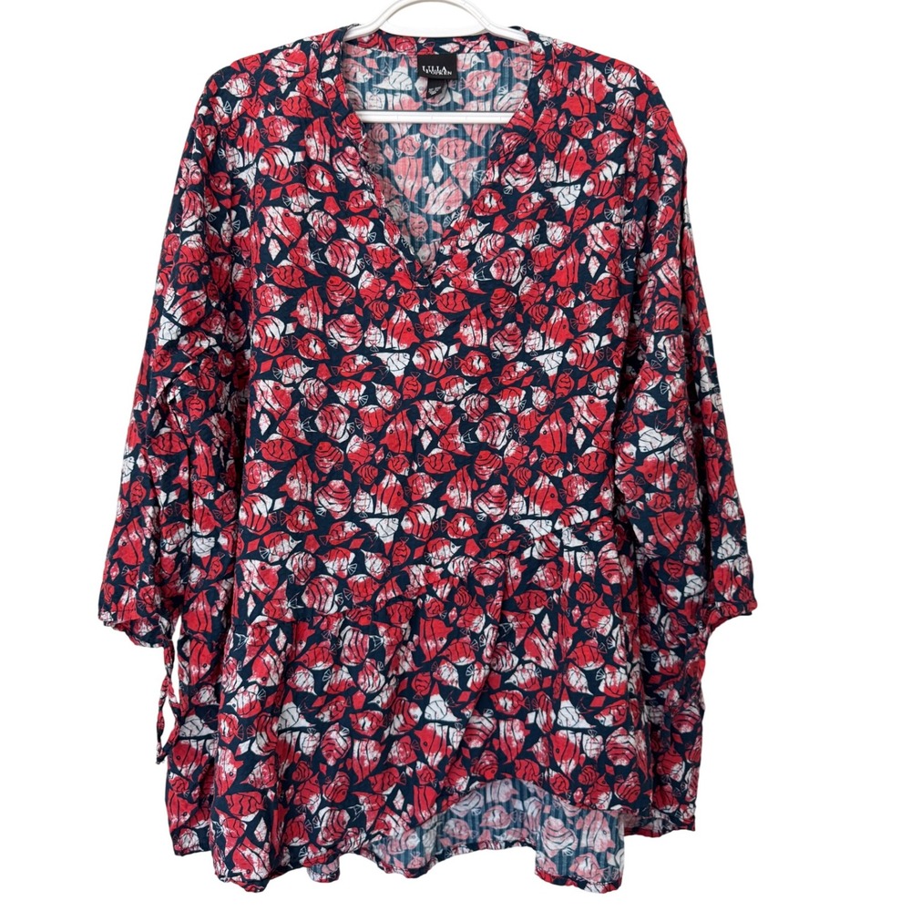 Ulla Popken Women's Plus Size 20/22 Red Floral 3/4 Sleeve Tunic Top